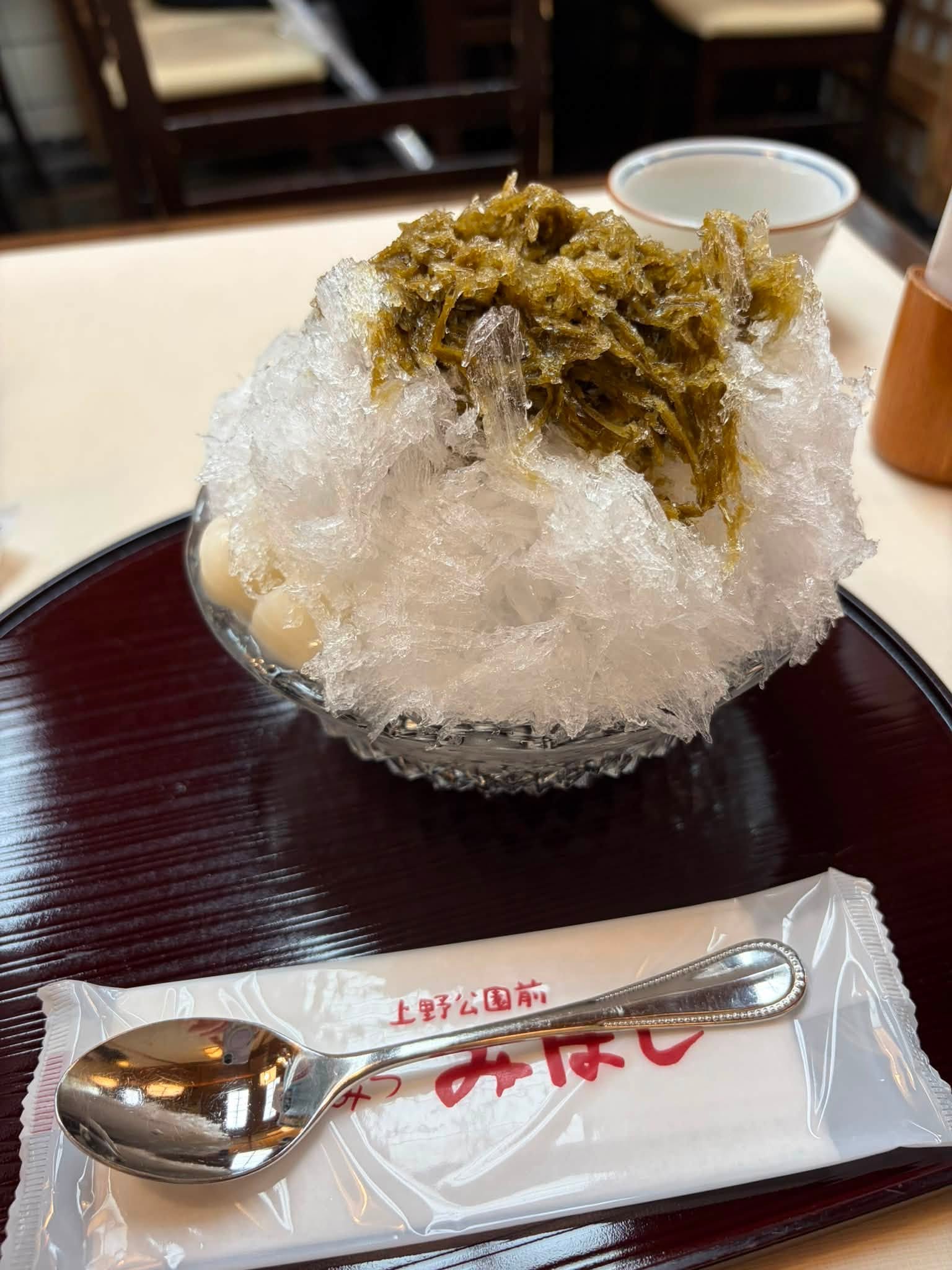 Green tea shaved ice with shiratama rice dumplings on a red lacquer tray at Mihashi, in front of Ueno Park